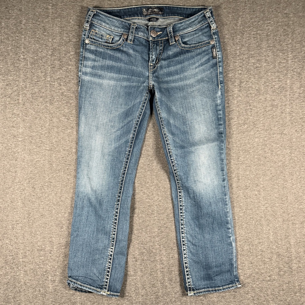 Silver Aiko Mid Capri Jeans Womens 28 Blue Med Wash Mid Rise Slim Stretch 28x23